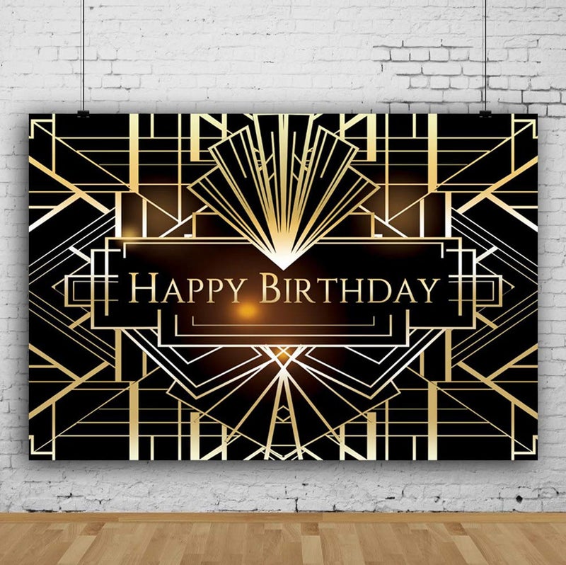 Leyiyi 8x6.5ft Luxurious Photography Backdrops Luxury Geometric 1920s Black and Gold Background Happy Birthday Backdrop Banner for Photography or Party Decoration - Image 2